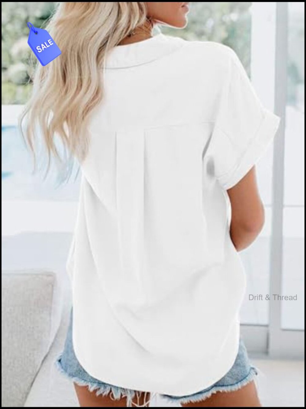 Short Sleeve Oversized Cotton Button Down Shirt with Pocket - Picture 3 of 6